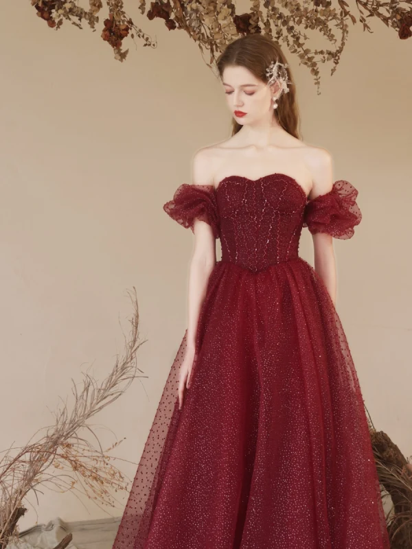 Bling Bling Burgundy Glitter Prom Dresses 2024 A-Line / Princess Off-The-Shoulder Short Sleeve Backless Floor-Length / Long Prom Formal Dresses