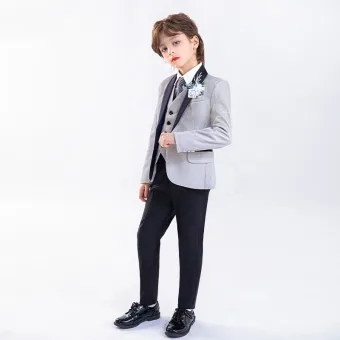 Grey Long Sleeve Wedding Boys Wedding Suits 2025 Body Jewellery Coat Pants Shirt Tie Vest