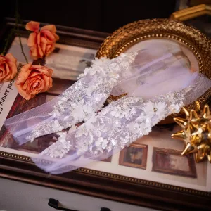 Elegant White Lace Flower Sequins Appliques Pearl Wedding Bridal Gloves Tulle 2026