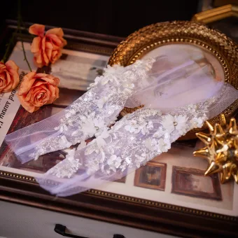 Elegant White Lace Flower Sequins Appliques Pearl Wedding Bridal Gloves Tulle 2026