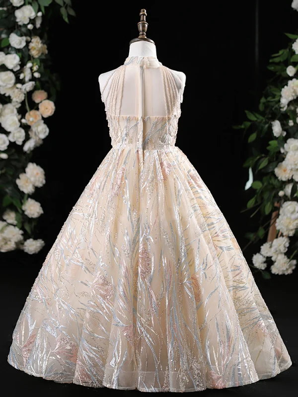 Chic / Beautiful Champagne Beading Sequins Lace Flower Birthday Flower Girl Dresses 2024 A-Line / Princess High Neck Sleeveless Floor-Length / Long