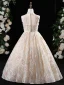 Chic / Beautiful Champagne Beading Sequins Lace Flower Birthday Flower Girl Dresses 2024 A-Line / Princess High Neck Sleeveless Floor-Length / Long