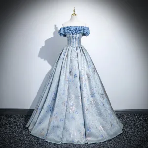Élégant Bleu Ciel Impression Robe De Bal 2025 Robe Boule De L Épaule Manches Courtes Dos Nu Longue Robe De Ceremonie