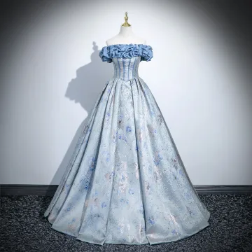 Elegant Sky Blue Printing Prom Dresses 2025 Ball Gown Off The Shoulder Short Sleeve Backless Floor Length Long Formal Dresses