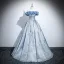 Elegant Sky Blue Printing Prom Dresses 2025 Ball Gown Off-The-Shoulder Short Sleeve Backless Floor-Length / Long Formal Dresses