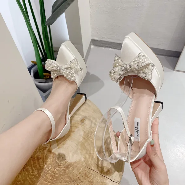 Fashion Black Evening Party Pearl Rhinestone Bow Womens Shoes 2023 Ankle Strap 13 cm Stiletto Heels Pointed Toe Sandals High Heels