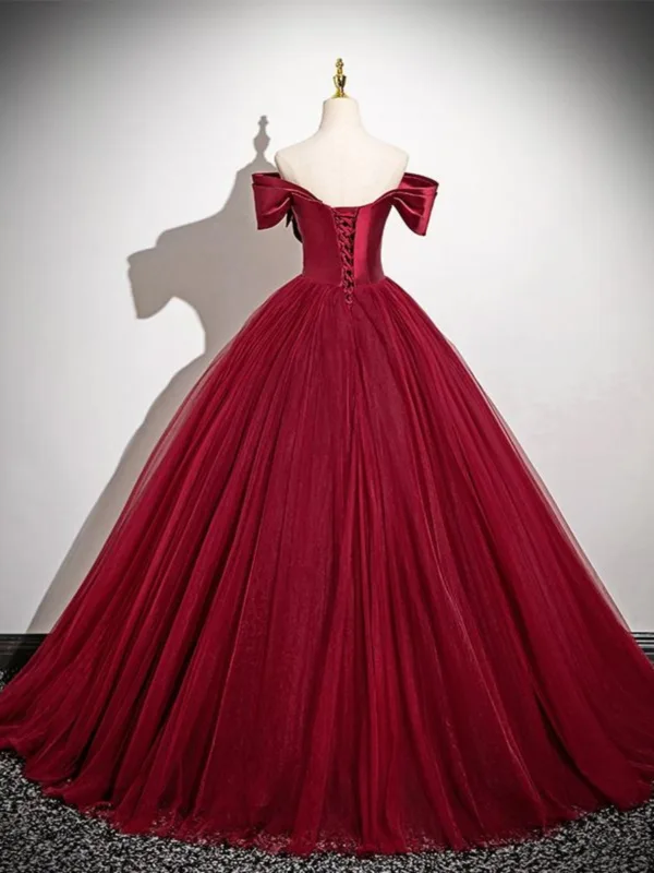 Elegant Burgundy Tulle Prom Dresses 2025 Ball Gown Off-The-Shoulder Short Sleeve Floor-Length / Long Prom Formal Dresses