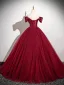 Elegant Burgundy Tulle Prom Dresses 2025 Ball Gown Off-The-Shoulder Short Sleeve Floor-Length / Long Prom Formal Dresses