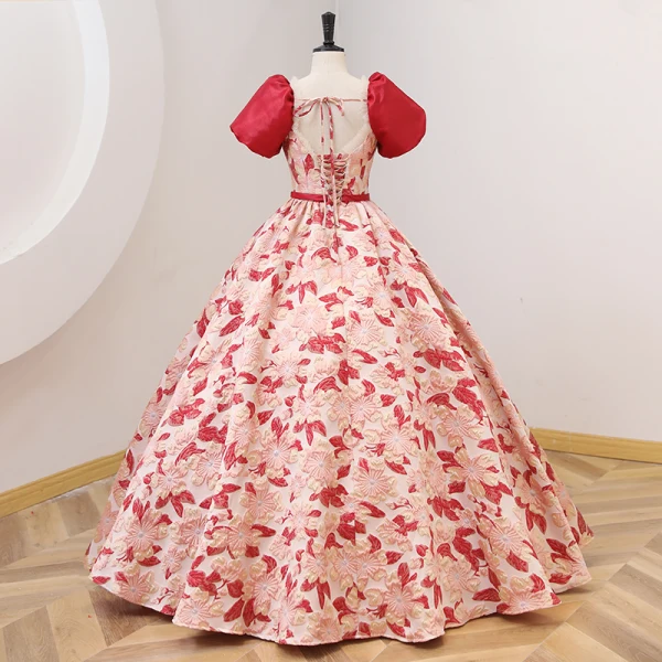 Elegant Red Printing Prom Dresses 2022 Ball Gown Square Neckline Puffy Short Sleeve Backless Sash Floor-Length / Long Prom Formal Dresses
