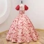 Elegant Red Printing Prom Dresses 2022 Ball Gown Square Neckline Puffy Short Sleeve Backless Sash Floor-Length / Long Prom Formal Dresses