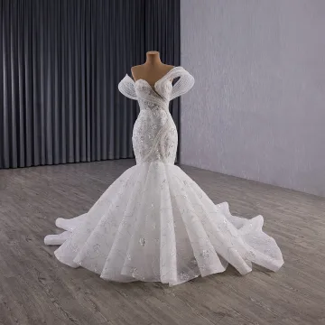Luxe Blanche Fait Main Perlage Perle Paillettes Faux Diamant Robe De Mariée 2025 Trompette Sirène Bustier Sans Manches Dos Nu Tribunal Train