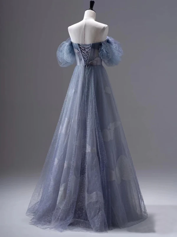 Sexy Ocean Blue Pearl Sequins Evening Dresses 2023 A-Line / Princess Sleeveless Backless Floor-Length / Long Tulle Off-The-Shoulder Evening Party Formal Dresses