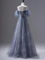 Sexy Ocean Blue Pearl Sequins Evening Dresses 2023 A-Line / Princess Sleeveless Backless Floor-Length / Long Tulle Off-The-Shoulder Evening Party Formal Dresses