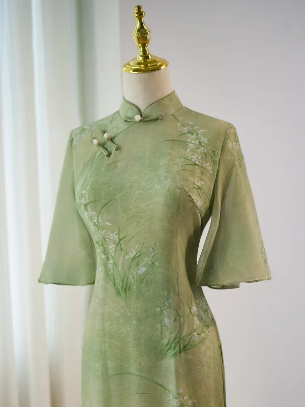 Chinese style Sage Green Printing Tea-length Cheongsam 2024 Trumpet / Mermaid High Neck Short Sleeve