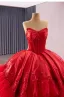 High-end Red Beading Rhinestone Lace Flower Wedding Dresses 2025 Ball Gown Strapless Sleeveless Backless Chapel Train