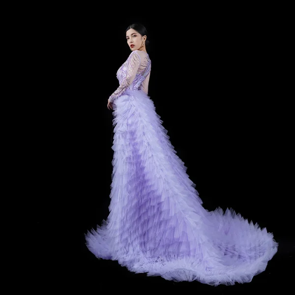 Luxe Charmant Lavande Fait main Perlage Faux Diamant Percé Robe De Soirée 2023 Trompette / Sirène Encolure Dégagée Manches Longues Tribunal Train Soirée Robe De Ceremonie