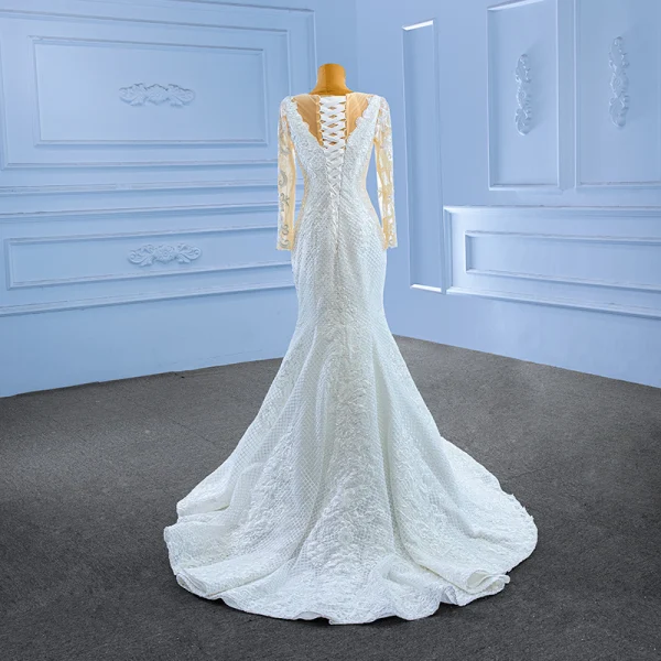 High-end White Beading Sequins Lace Flower Wedding Dresses 2023 Trumpet / Mermaid Scoop Neck Long Sleeve Sweep Train Wedding