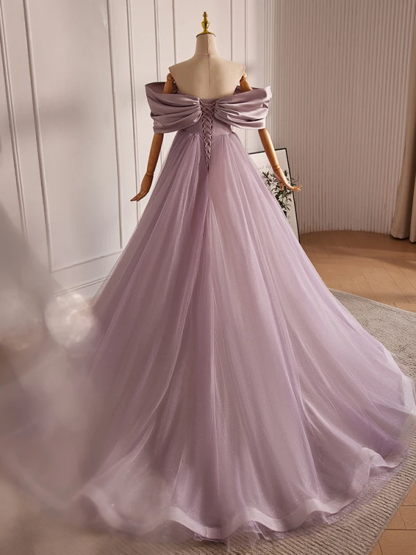 Elegant Lavender Beading Bow Prom Dresses 2024 Ball Gown Off-The-Shoulder Short Sleeve Backless Floor-Length / Long Formal Dresses