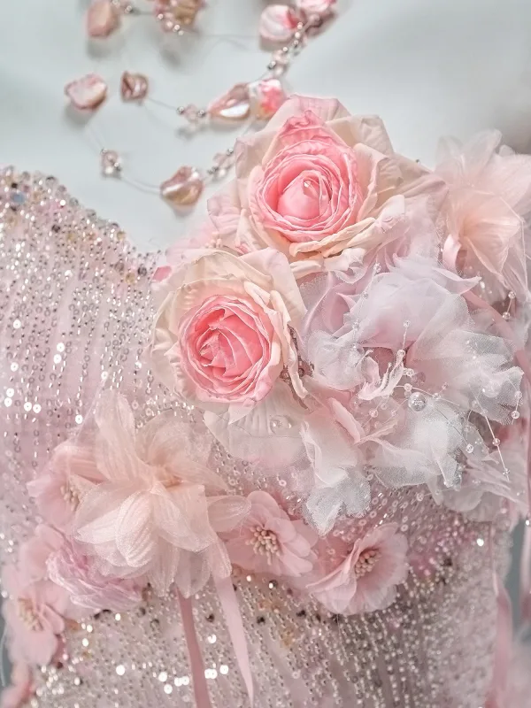 Luxe Charmant Rose Bonbon Perlage Paillettes Appliques Volants en Cascade Robe De Soirée 2026 Trompette / Sirène Bustier Sans Manches Dos Nu Train De Balayage Robe De Ceremonie