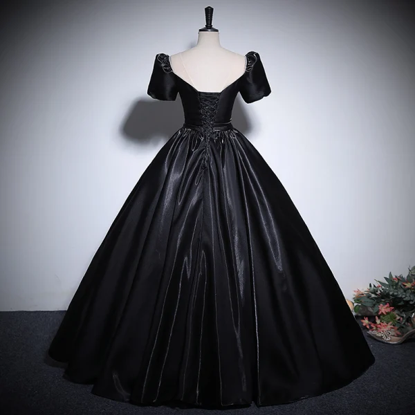 Elegant Black Beading Sequins Prom Dresses Ball Gown 2024 Scoop Neck Puffy Short Sleeve Backless Floor-Length / Long Prom Formal Dresses