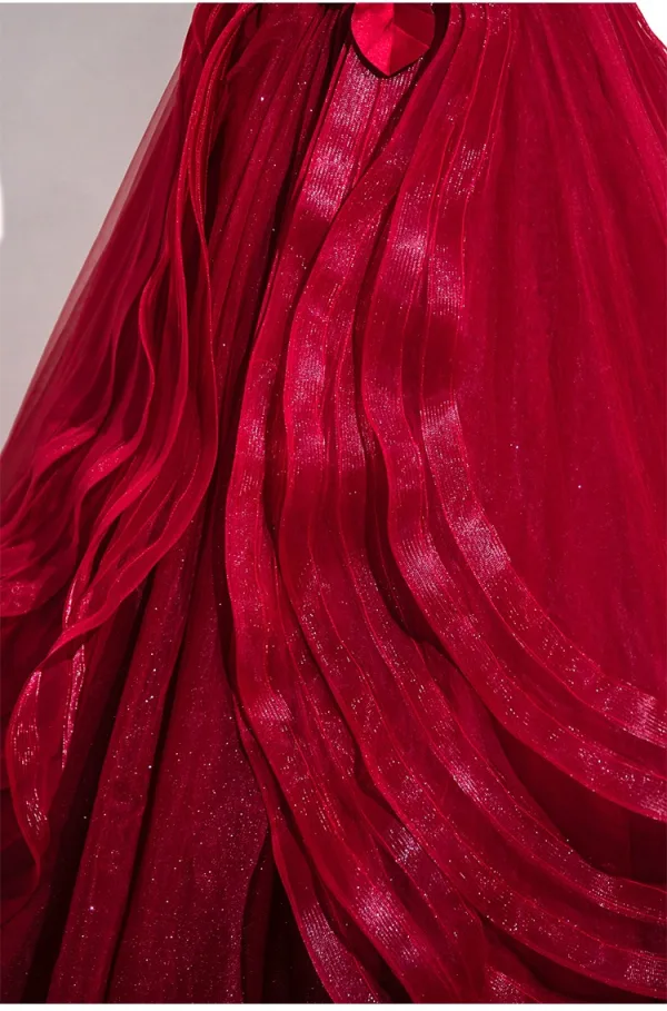 Chic / Beautiful Burgundy Appliques Cascading Ruffles Prom Dresses 2025 Ball Gown Strapless Sleeveless Backless Floor-Length / Long Prom Formal Dresses