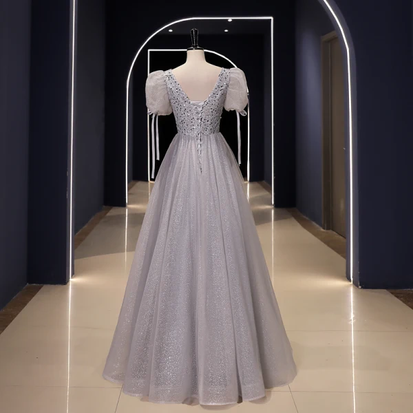 Scintillantes Argenté Gris Glitter Paillettes Robe De Bal 2023 Princesse Encolure Dégagée Manches Courtes Dos Nu Longue Promo Robe De Ceremonie