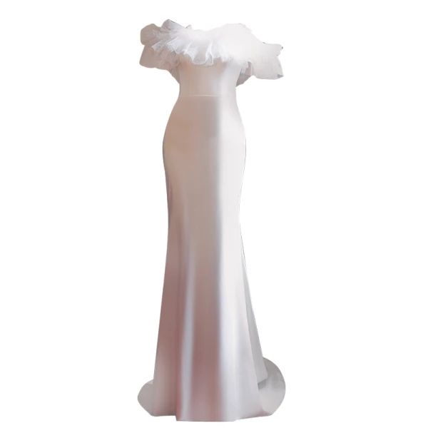 Sexy Ivoire Satin Robe De Soirée 2022 Trompette / Sirène Volants De l'épaule Soirée Manches Courtes Dos Nu Train De Balayage Robe De Ceremonie
