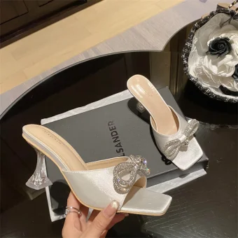 Charming Sexy Ivory Evening Party Rhinestone Bow Womens Sandals 2022 8 Cm Stiletto Heels Open Peep Toe Sandals High Heels