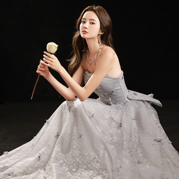 Charming Grey Evening Dresses 2022 A-Line / Princess Strapless Sleeveless Beading Pearl Backless Bow Floor-Length / Long Evening Party Formal Dresses