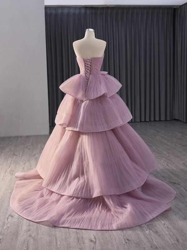 Mote Rødmende Rosa Gripende Ruffles Ballkjoler 2024 Ballkjole Kjæreste Uten Ermer Ryggløse Feie Tog Ball Formelle Kjoler