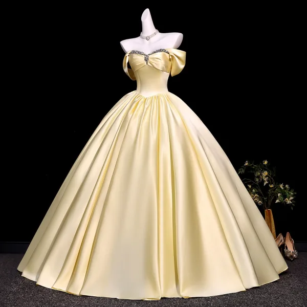 Vintage / Retro Yellow Rhinestone Prom Dresses 2026 Ball Gown Off-The-Shoulder Short Sleeve Backless Floor-Length / Long Formal Dresses
