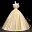 Vintage / Retro Yellow Rhinestone Prom Dresses 2026 Ball Gown Off-The-Shoulder Short Sleeve Backless Floor-Length / Long Formal Dresses