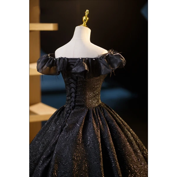 Elegant Black Rhinestone Tassel Prom Dresses 2023 Ball Gown Off-The-Shoulder Sleeveless Backless Floor-Length / Long Prom Formal Dresses