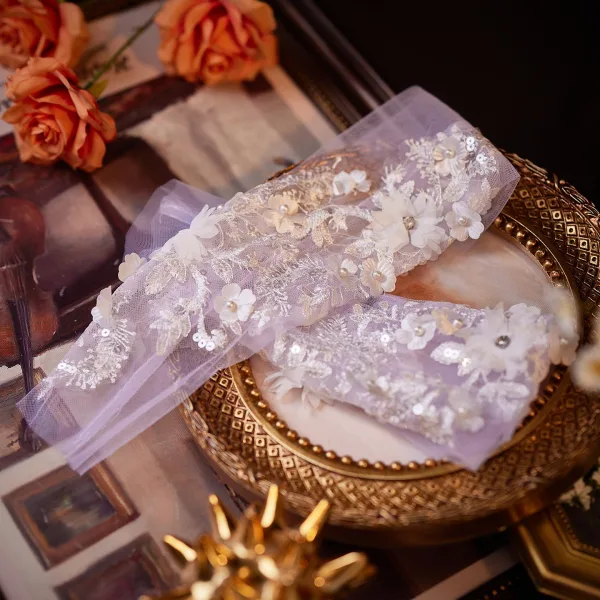 Elegant White Lace Flower Sequins Appliques Pearl Wedding Bridal Gloves Tulle 2026