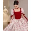 Elegant Burgundy Printing Prom Dresses 2022 A-Line / Princess Square Neckline Short Sleeve Backless Bow Floor-Length / Long Satin Formal Dresses
