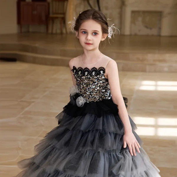 Chic / Beautiful Black Gradient-Color Rhinestone Sequins Cascading Ruffles Flower Girl Dresses 2025 Ball Gown Scoop Neck Birthday Sleeveless Backless Floor-Length / Long
