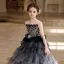Chic / Beautiful Black Gradient-Color Rhinestone Sequins Cascading Ruffles Flower Girl Dresses 2025 Ball Gown Scoop Neck Birthday Sleeveless Backless Floor-Length / Long