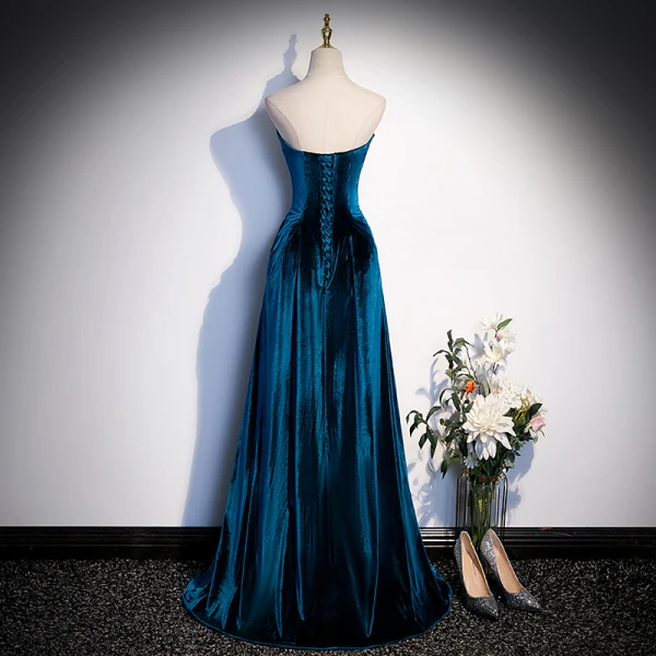 Vintage / Retro Royal Blue Suede Evening Dresses 2023 A-Line / Princess Strapless Rhinestone Sleeveless Backless Floor-Length / Long Evening Party Formal Dresses