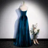 Vintage / Retro Royal Blue Suede Evening Dresses  2023 A-Line / Princess Strapless Rhinestone Sleeveless Backless Floor-Length / Long Evening Party Formal Dresses