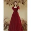 Modest / Simple Burgundy Beading Formal Dresses 2022 A-Line / Princess Square Neckline Puffy Short Sleeve Backless Floor-Length / Long Prom Prom Dresses