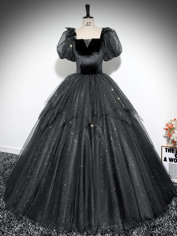 Elegante Schwarz Glanz Ballkleider 2024 Ballkleid Eckiger Ausschnitt Geschwollenes Kurze Ärmel Rückenfreies Lange Ball Festliche Kleider
