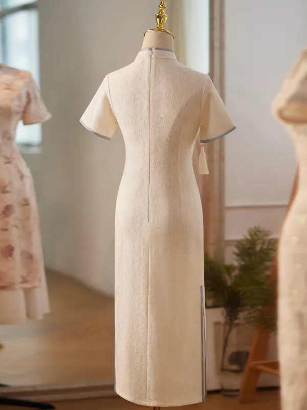 Chinese style Beige Lace Flower Tea-length Cheongsam 2024 High Neck Trumpet / Mermaid Short Sleeve
