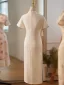 Chinese style Beige Lace Flower Tea-length Cheongsam 2024 High Neck Trumpet / Mermaid Short Sleeve