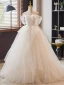 Western Weiß Perlenstickerei Perle Spitze Blumen Fallende Rüsche Brautkleider / Hochzeitskleider 2024 Ballkleid Spaghettiträger Kurze Ärmel Rückenfreies Sweep / Pinsel Zug Hochzeit