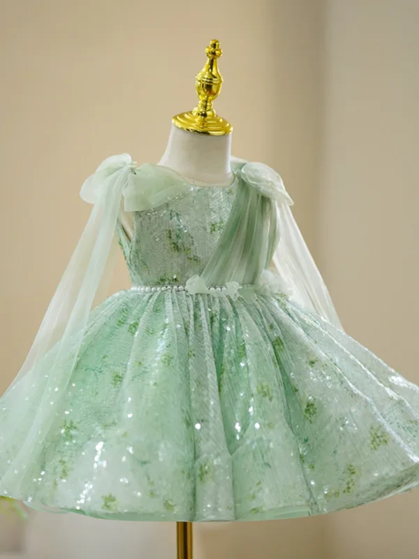 Chic / Beautiful Sage Green Beading Pearl Sequins Short Birthday Flower Girl Dresses 2024 Ball Gown Scoop Neck Bow Sleeveless Tulle