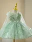 Chic / Beautiful Sage Green Beading Pearl Sequins Short Birthday Flower Girl Dresses 2024 Ball Gown Scoop Neck Bow Sleeveless Tulle