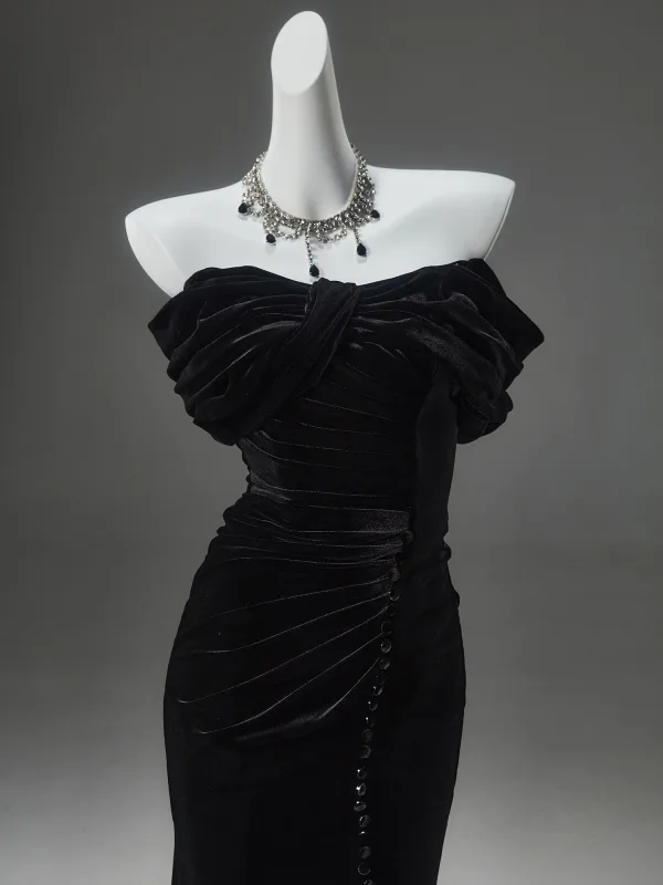 Haut de Gamme Noire Velours Robe De Soirée 2025 Trompette / Sirène Bustier Sans Manches Dos Nu Train De Balayage Soirée Robe De Ceremonie