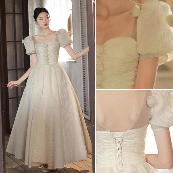 Elegant Ivory Pearl Appliques Prom Dresses 2022 A-Line / Princess Square Neckline Short Sleeve Backless Floor-Length / Long Prom Formal Dresses