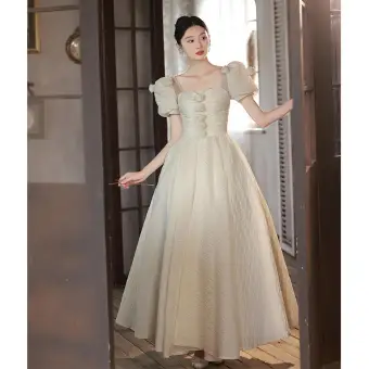 Élégant Ivoire Perle Appliques Robe De Bal 2022 Princesse Encolure Carrée Manches Courtes Dos Nu Longue Promo Robe De Ceremonie