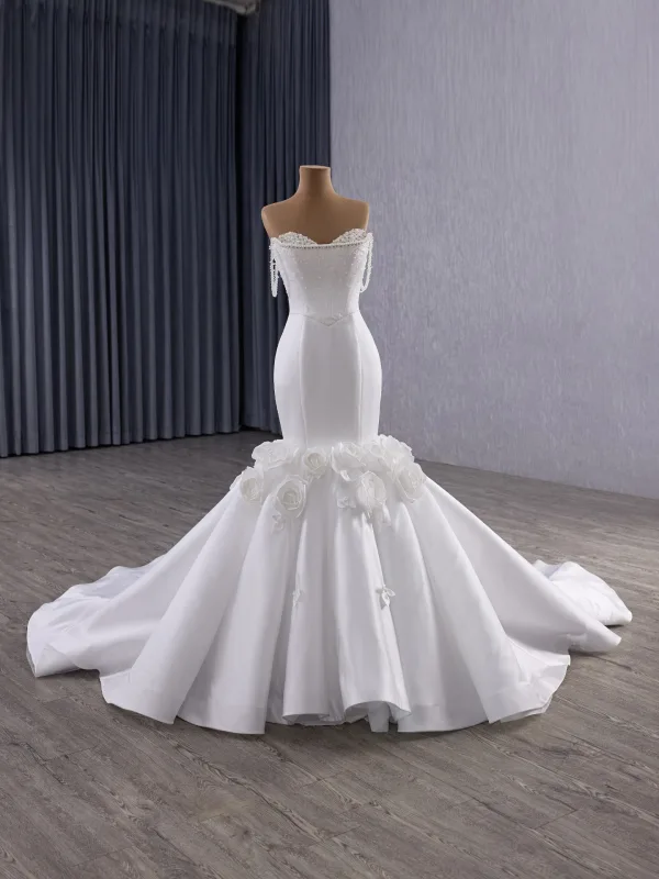 Haut de Gamme Blanche Fait main Appliques Perlage Perle Faux Diamant Corset  Robe De Mariée 2025 Trompette / Sirène Bustier Sans Manches Dos Nu Chapel Train